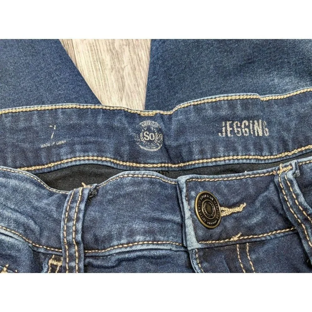 SO‎ Juniors Size 7 Skinny Embroidered Pockets Denim Blue Jeans Jeggings